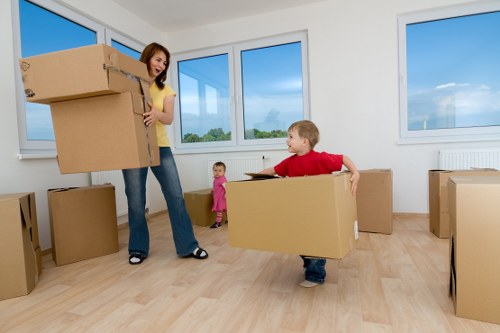Packed office furniture and equipment ready for relocation